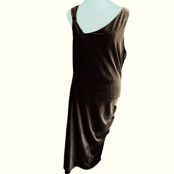 BCBG MAXAZRIA Bodycon side ruched chocolate brown Velvet Dress Sz L - Picture 1 of 11